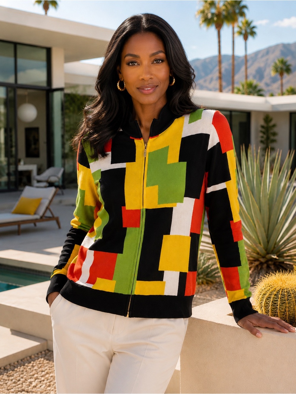 St. John Sport Geometric Colorblock Wool Blend Zip-Up Cardigan – Size Small